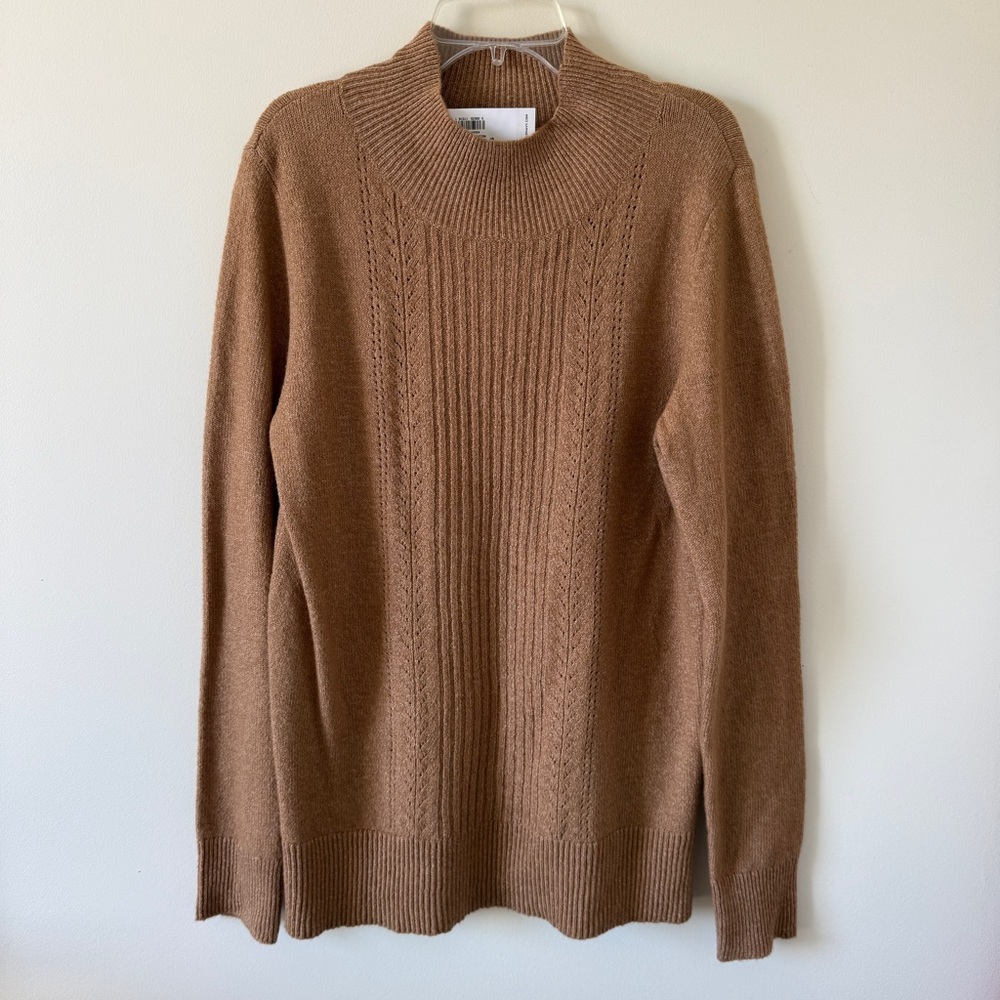 Old Navy Camel Brown Tan Mock-Neck Pointelle Sweater Lightweight Thin Top